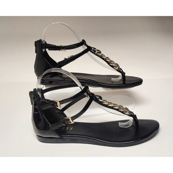 GUESS WGTOLD-T STRAPS CHAIN LINK FAUX LEATHER BLACK GLADIATOR D'ORSAY SANDALS 8M - Picture 1 of 9